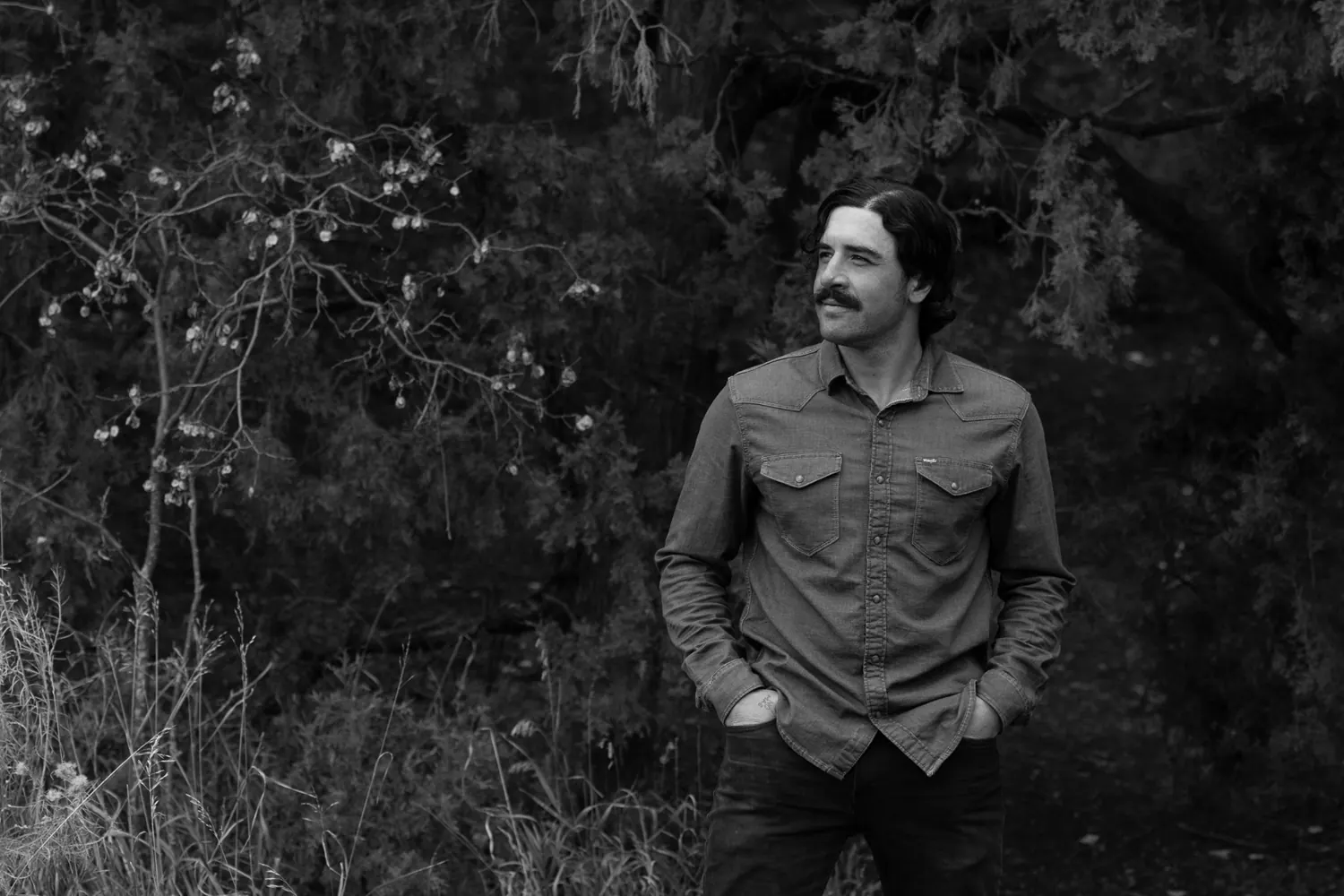 Michael Mulcahy outdoors, black-and-white portrait